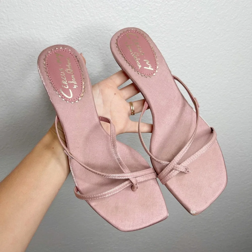 Circus by Sam Edelman Pink Satin Strappy Kitten Heel Square Toe Sandals Womens